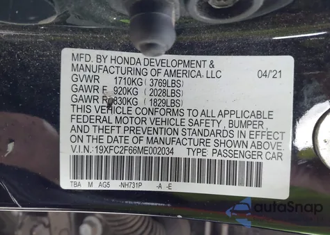2021 Honda Civic Lx from USA, damaged, VIN 19XFC2F66ME002034